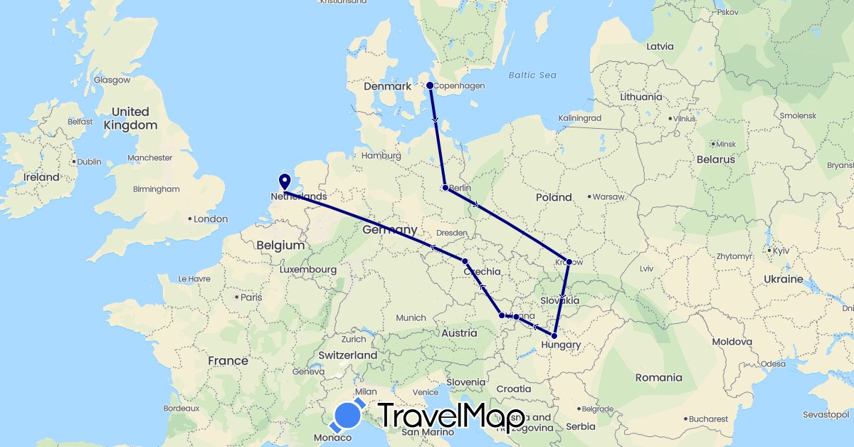 TravelMap itinerary: driving in Austria, Czech Republic, Germany, Denmark, Hungary, Netherlands, Poland, Slovakia (Europe)