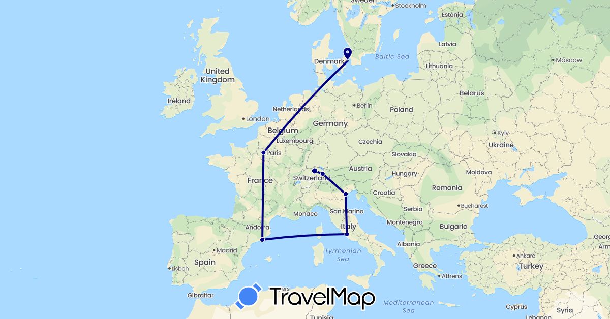 TravelMap itinerary: driving in Switzerland, Denmark, Spain, France, Italy, Liechtenstein (Europe)